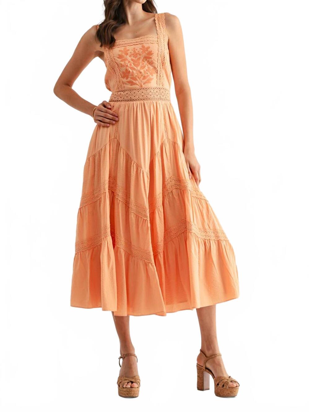 NEW CAMELLIA embroidered sundress breezy boho midi dress in orange